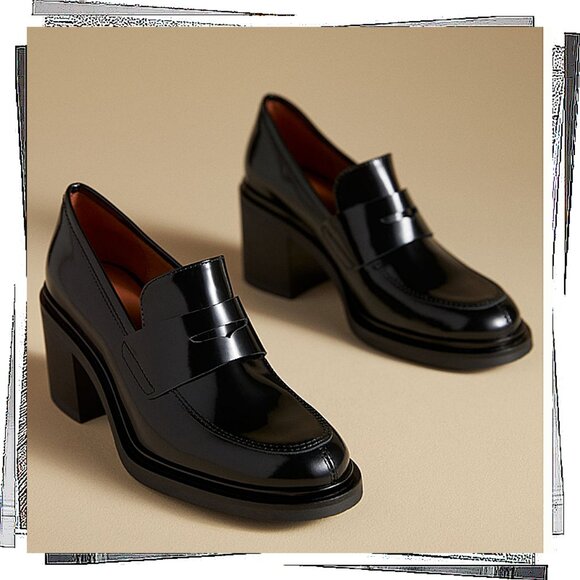 NWT: Black Leather 3.5" Heeled Loafers (EU 37) by Maeve - Picture 1 of 5